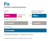 Monthly tuition fee of €330, one-time support fee of €990, total costs €13,200 for a bachelor's degree over 40 months.