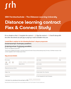 SRH Distance University Registration Document for Distance Learning. It includes information on registration, study programs, and personal details such as name, date of birth, and address. Instructions for submitting the contract are also included.