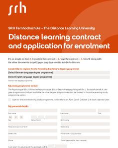 SRH Distance University Registration Document for Distance Learning. It includes information on registration, study programs, and personal details such as name, date of birth, and address. Instructions for submitting the contract are also included.