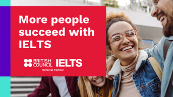 More people are succeeding with IELTS. The logos of the British Council and IELTS are visible. Young adults are smiling and embracing each other.
