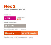 Flex 2: Master's programs with 90 ECTS credits. Monthly payment of €579, 25 installments, standard study duration of 18 months, optional extension up to 18 months. Total cost €14,475.