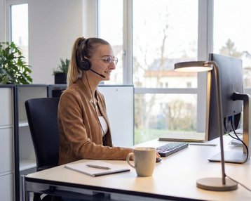 A woman with a headset sits at a desk, working on a computer, surrounded by plants in a modern office.