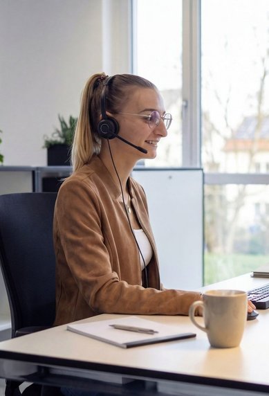 A woman with a headset sits at a desk, working on a computer, surrounded by plants in a modern office.