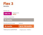 Flex 3 Bachelor: Monatliche Rate 235,11 €, 72 Raten, Standardstudienzeit 36 Monate, Gesamtkosten 16.927,92 €.