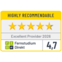 Rating badge featuring four yellow stars and one gray star, labeled "Highly Recommendable," with "Excellent Provider 2026" and a score of 4.7 for "Fernstudium Direkt."