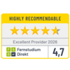 Rating badge featuring four yellow stars and one gray star, labeled "Highly Recommendable," with "Excellent Provider 2026" and a score of 4.7 for "Fernstudium Direkt."