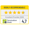 Rating badge featuring four yellow stars and one gray star, labeled "Highly Recommendable," with "Excellent Provider 2026" and a score of 4.7 for "Fernstudium Direkt."