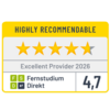 Rating badge featuring four yellow stars and one gray star, labeled "Highly Recommendable," with "Excellent Provider 2026" and a score of 4.7 for "Fernstudium Direkt."