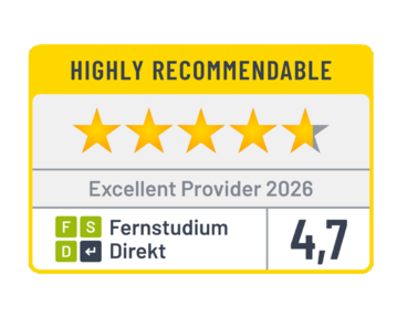 Recommendation seal with four out of five stars for 'Fernstudium Direkt' as an excellent provider in 2025, rated 4.6.