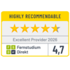 Rating badge featuring four yellow stars and one gray star, labeled "Highly Recommendable," with "Excellent Provider 2026" and a score of 4.7 for "Fernstudium Direkt."