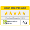 Rating badge featuring four yellow stars and one gray star, labeled "Highly Recommendable," with "Excellent Provider 2026" and a score of 4.7 for "Fernstudium Direkt."