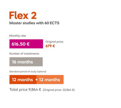 Flex 2: Master's programs with 60 ECTS credits. Monthly payment of €679, with a total duration of 16 months. Standard study period is optionally 12 months plus an additional 12 months. Total cost is €10,864.