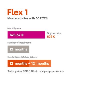 Flex 1: Master's programs with 60 ECTS credits. Monthly payment of €829, for a total of 12 installments. Standard study duration is optional: 12 months + 12 months. Total cost is €9,948.