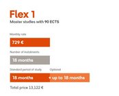 Flex 1: Master's programs with 90 ECTS credits. Monthly payment of €729, duration of payments 18 months, standard study period 18 months, optional extension up to 18 months. Total cost €13,122.