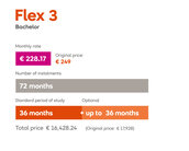 Flex 3: Monthly fee of €249, 72 installments, standard study period of 36 months (optional up to 36 months), total cost €17,928.