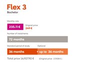 Flex 3: Monthly fee of €249, 72 installments, standard study period of 36 months (optional up to 36 months), total cost €17,928.