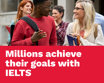 Students are chatting with smiles while holding books and notes. The text emphasizes that millions achieve their goals with IELTS.