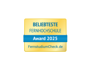 Most Popular Distance Learning University Award 2025, awarded by FernstudiumCheck.de. The design features yellow and blue.