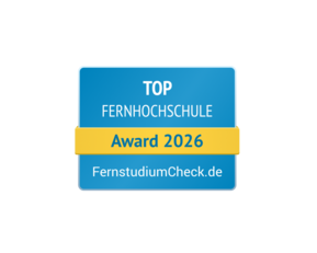 Most Popular Distance Learning University Award 2025, awarded by FernstudiumCheck.de. The design features yellow and blue.