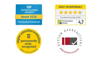 Awards for a distance learning university: 'Top Distance Learning University Award 2026,' 'Highly Recommendable 4.7,' state-recognized university, and accreditation logo.