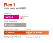 Flex 1: Masterstudien mit 120 ECTS. Monatliche Rate 587,33 €, Gesamtkosten 14.095,92 € über 24 Monate. Optionale Verlängerung bis zu 24 Monate.
