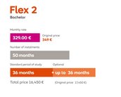 Flex 2 Bachelor: Monatlicher Satz 329,00 €, Gesamtkosten 16.450 €, 50 Raten, Standardstudienzeit 36 Monate, optional bis zu 36 Monate.