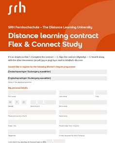 SRH Distance University Application Form for the Master's Program. It includes sections for registration, personal information, and the start of studies. Information on digital contract signing and required documents is also provided.