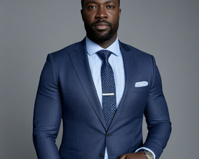 A man in an elegant blue suit with a tie and shirt, looking directly at the camera. He is wearing a wristwatch.