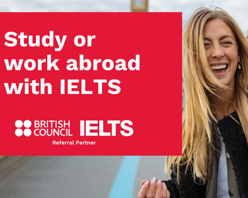 Woman with a smiling face on a bridge, advertising studying or working abroad with IELTS, British Council.