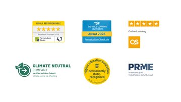 Awards and certificates for a distance university, including 'Most Popular Distance University 2025' and 'Climate Neutral Company'.