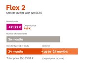 Flex 2: Masterstudien mit 120 ECTS. Monatliche Rate 421,22 €, Gesamtkosten 15.163,92 €. Studienzeit 24 Monate, optional bis zu 24 Monate.