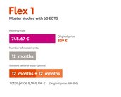Flex 1: Masterstudien mit 60 ECTS. Monatliche Rate 745,67 €, Gesamtkosten 8.948,04 € (ursprünglich 9.948 €). 12 Raten über 12 Monate.