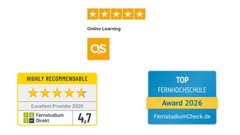 Awards for online learning, including five-star ratings, QS logo, FIBAA Premium Seal, and mentions of recommendations, as well as the title 'Most Popular Distance University in Germany 2024.