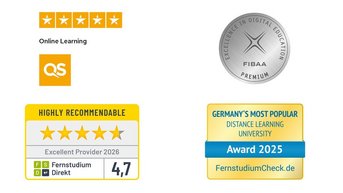 Awards for online learning, including five-star ratings, QS logo, FIBAA Premium Seal, and mentions of recommendations, as well as the title 'Most Popular Distance University in Germany 2024.