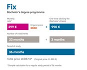 Overview of tuition fees for a bachelor's degree: Monthly fee €299, support costs €990, total costs €10,857 over 36 months.