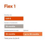 Flex 1 Plan Details: Monthly payment €449, Number of payments 36 months, Standard study duration 36 months (optional up to 36 months), Total cost €16,164.