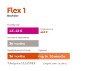 Flex 1 Plan Details: Monthly payment €449, Number of payments 36 months, Standard study duration 36 months (optional up to 36 months), Total cost €16,164.