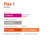 Flex 1 Plan Details: Monthly payment €449, Number of payments 36 months, Standard study duration 36 months (optional up to 36 months), Total cost €16,164.