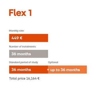 Flex 1 Plan Details: Monthly payment €449, Number of payments 36 months, Standard study duration 36 months (optional up to 36 months), Total cost €16,164.