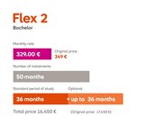 Flex 2: Monthly payment €349, number of payments 50 months, standard study duration 36 months (optional up to 36 months), total price €17,450.