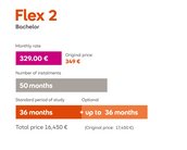 Flex 2: Monthly payment €349, number of payments 50 months, standard study duration 36 months (optional up to 36 months), total price €17,450.