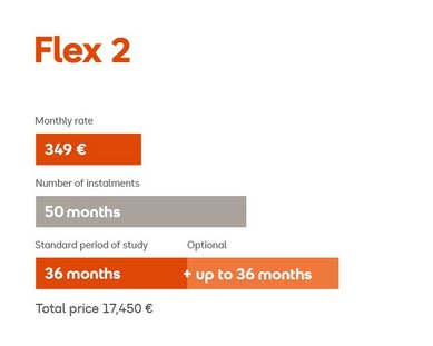 Flex 2: Monthly payment €349, number of payments 50 months, standard study duration 36 months (optional up to 36 months), total price €17,450.
